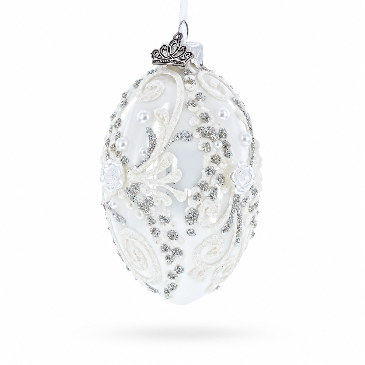 Silver Glitter Scrolls, Pearls & Rose Accents Winter Elegance Glass Egg Ornament 4 Inches
