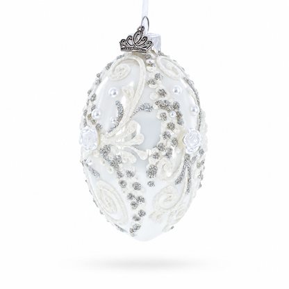 Silver Glitter Scrolls, Pearls & Rose Accents Winter Elegance Glass Egg Ornament 4 Inches