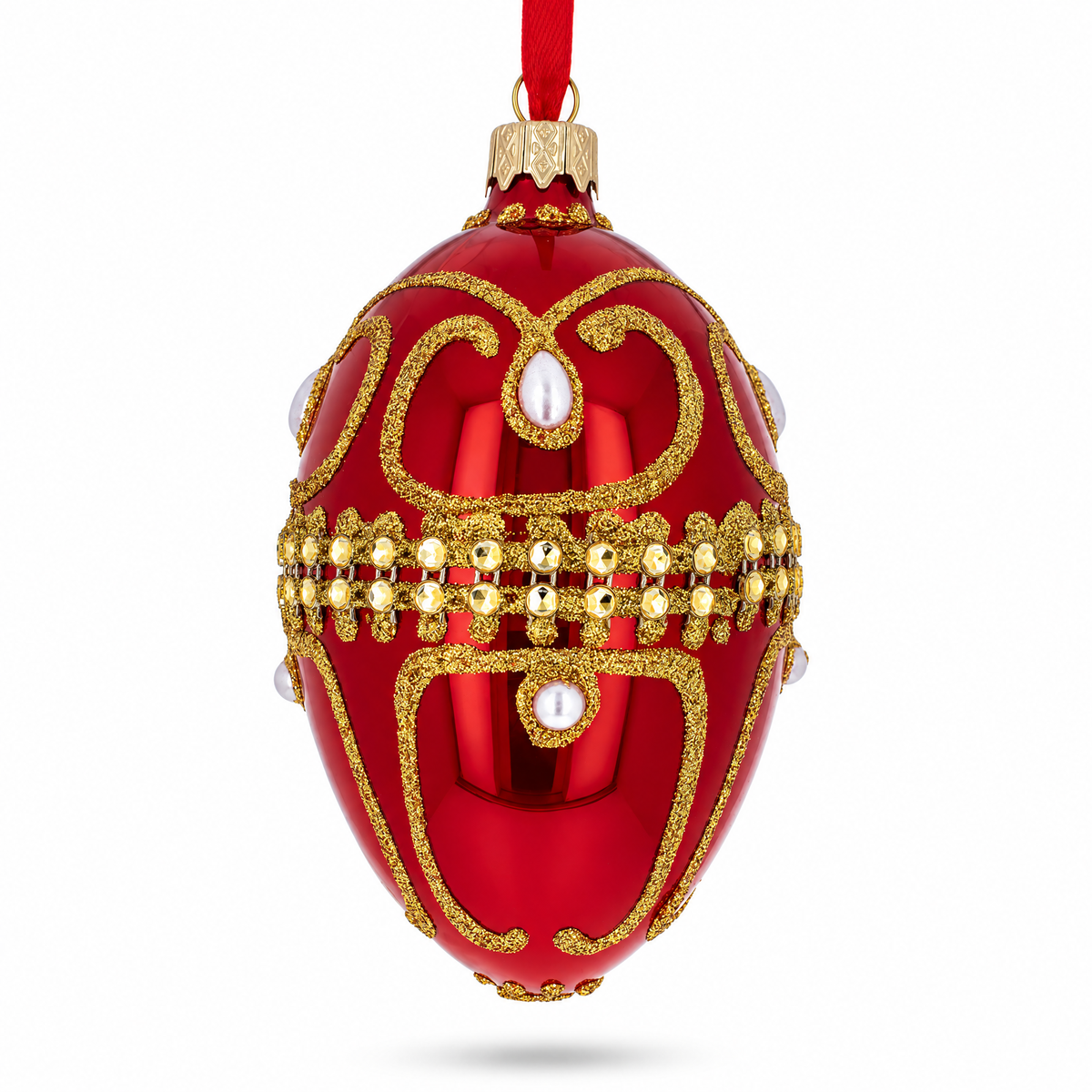 Jeweled White Beads Glossy Red Glass Egg Ornament 4 Inches