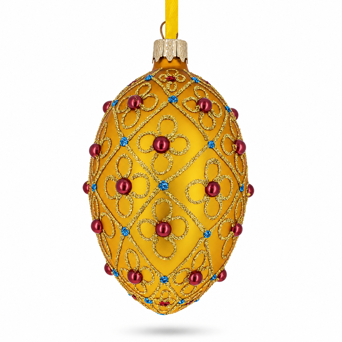 Red Beads, Blue Crystals & Filigree Trellis Glitter on Gold Glass Egg Ornament 4 Inches