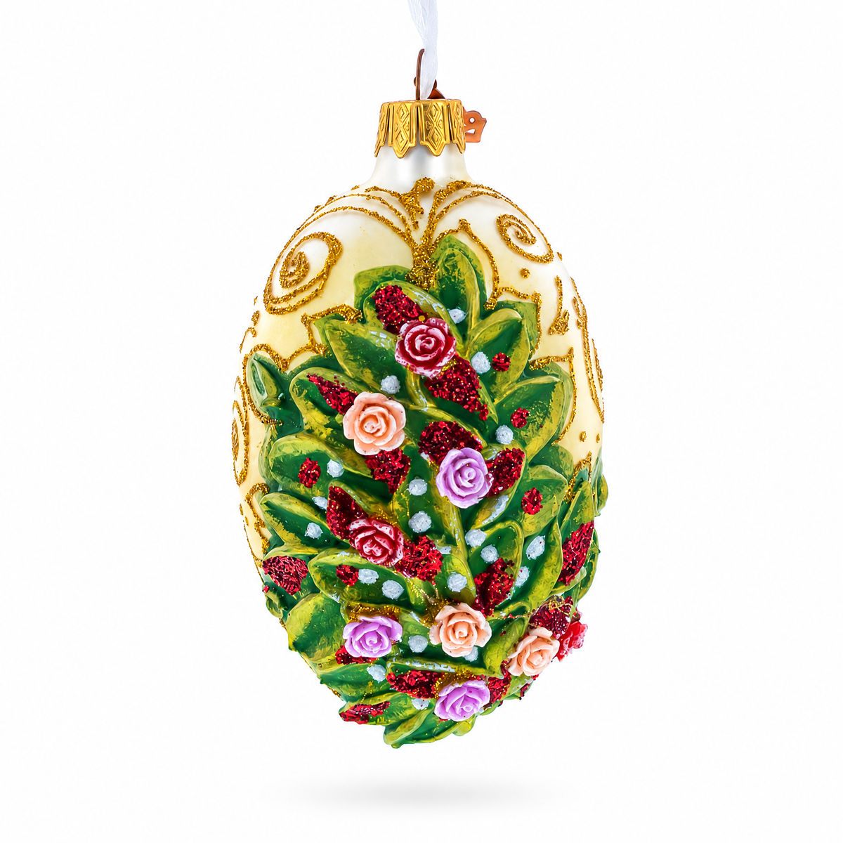 Embossed Roses Bouquet Glass Egg Ornament 4 Inches