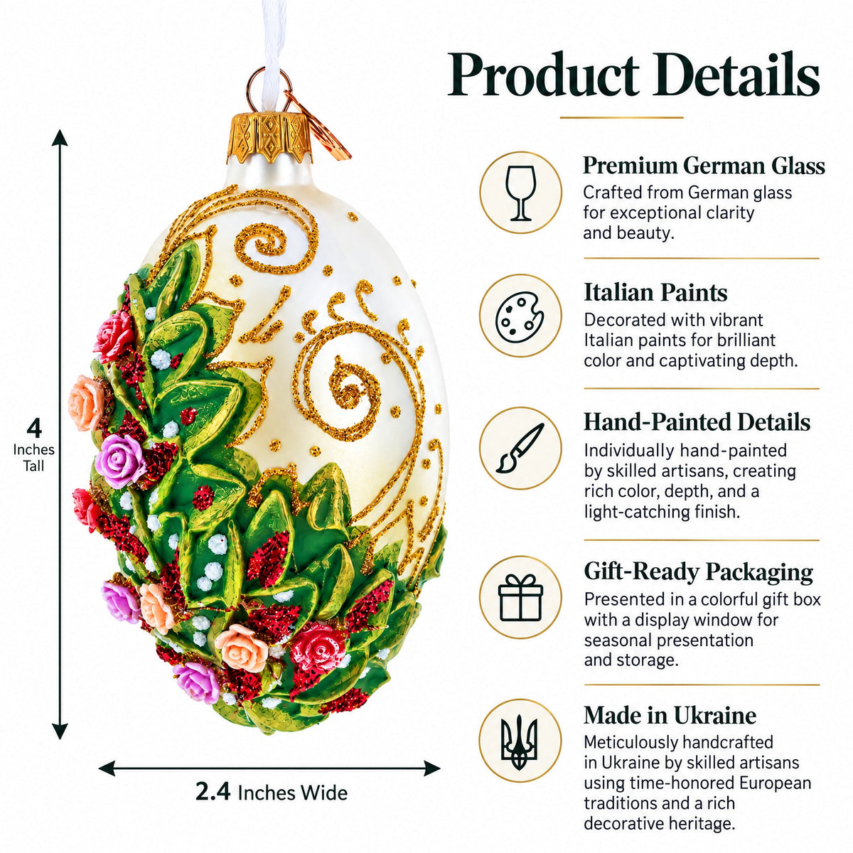Embossed Roses Bouquet Glass Egg Ornament 4 Inches