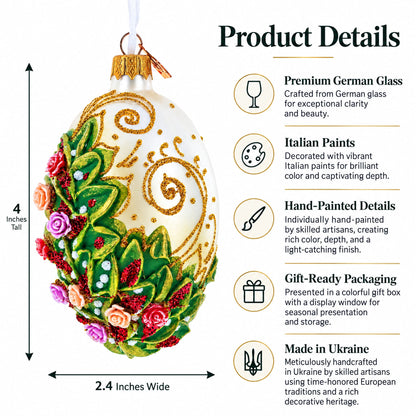 Embossed Roses Bouquet Glass Egg Ornament 4 Inches