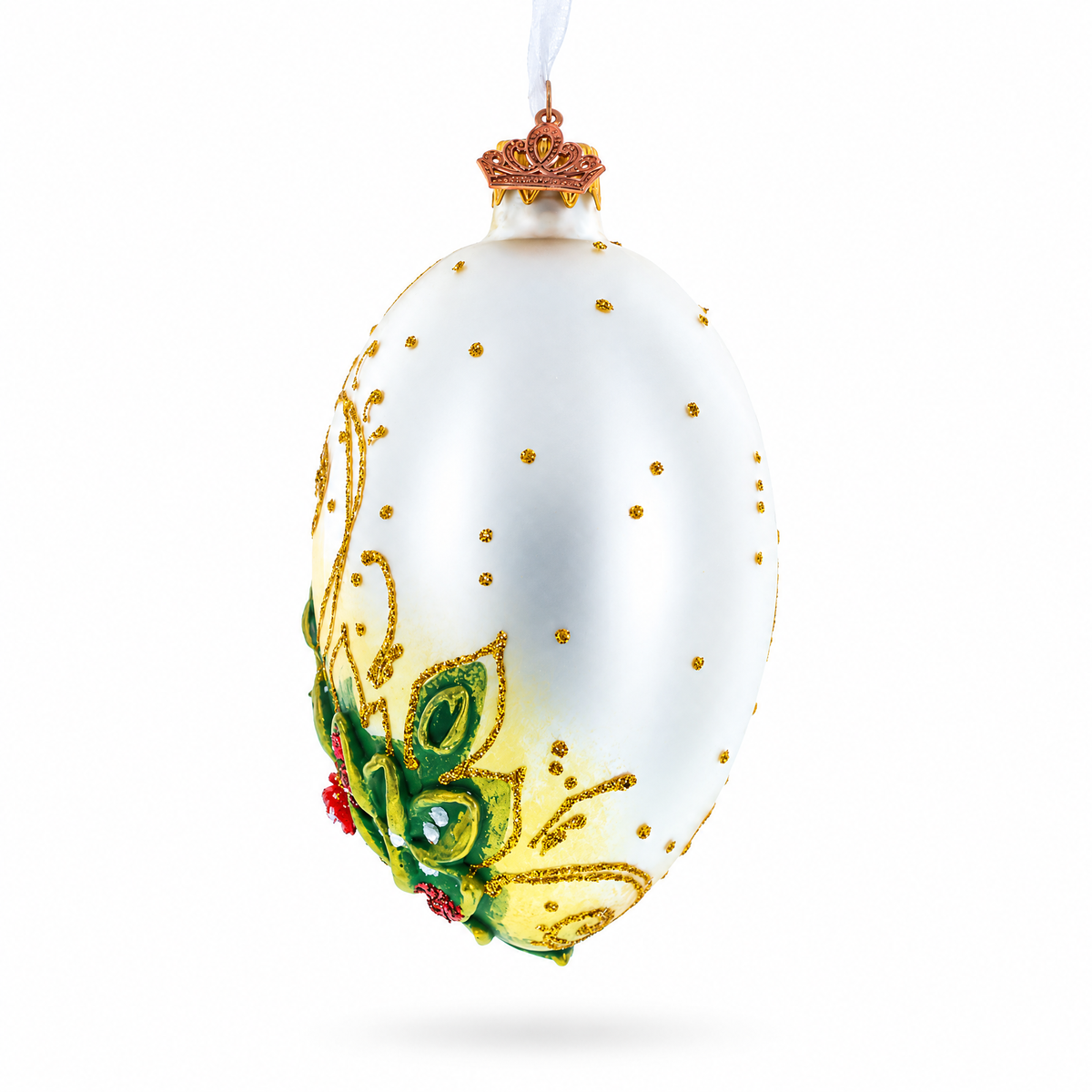 Embossed Roses Bouquet Glass Egg Ornament 4 Inches