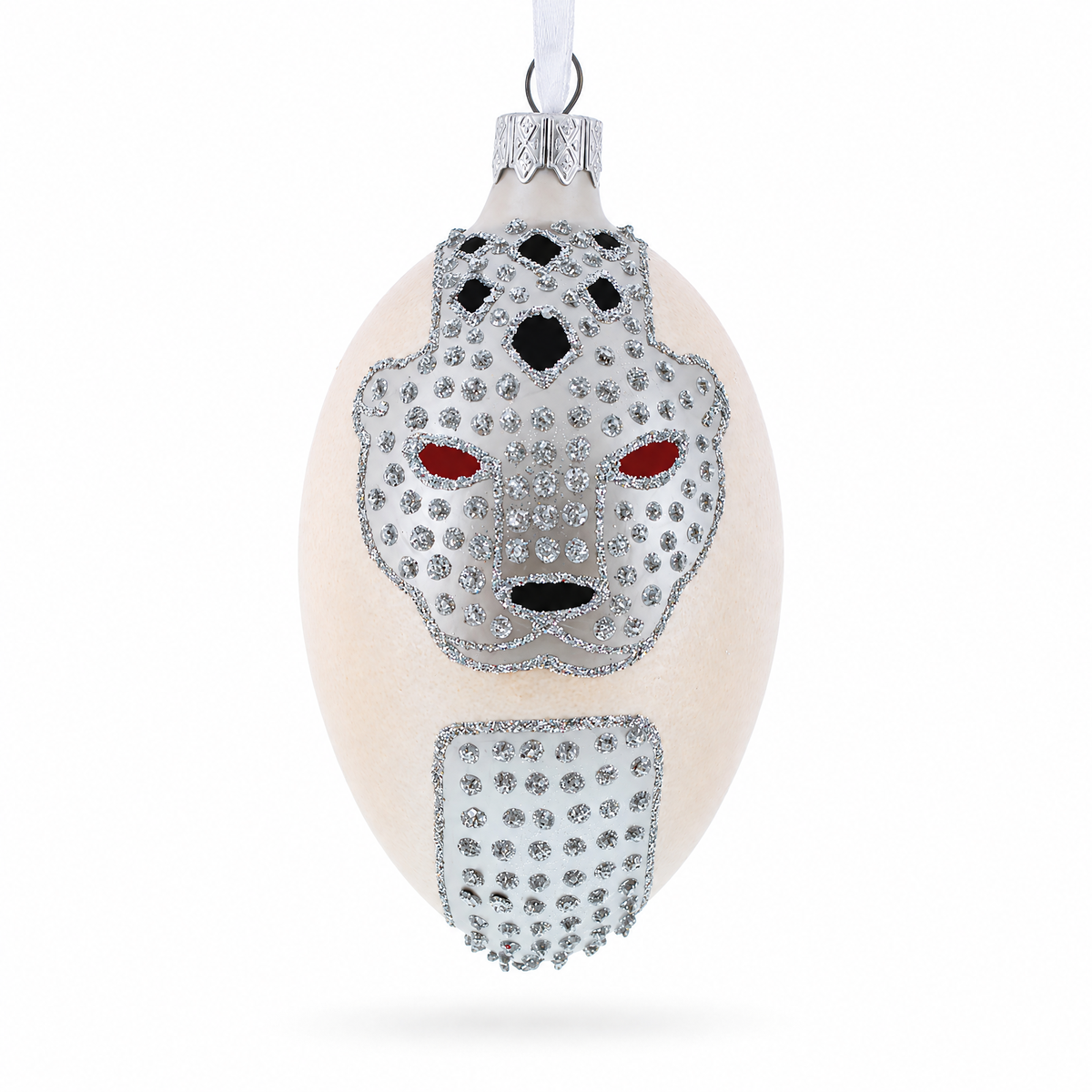 French Designer Jeweled Panther Glass Egg Christmas Ornament 4 Inches