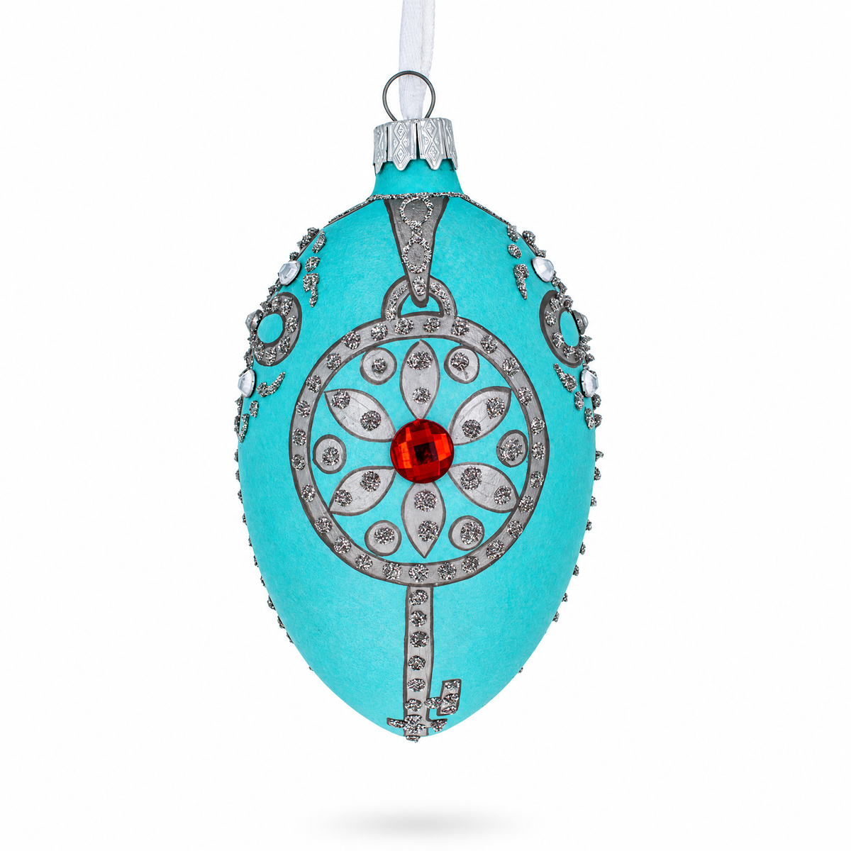 American Art Nouveau Jeweled Key Pendant Glass Egg Christmas Ornament 4 Inches
