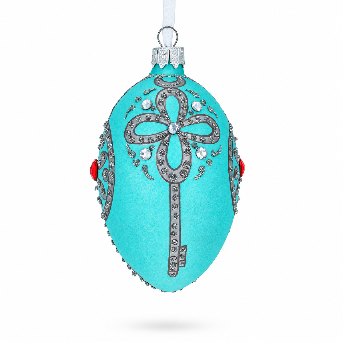 American Art Nouveau Jeweled Key Pendant Glass Egg Christmas Ornament 4 Inches
