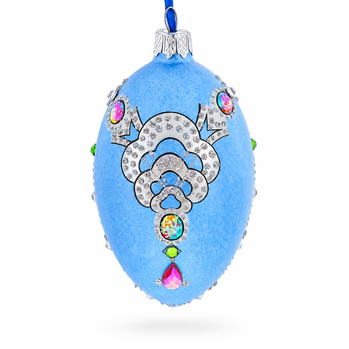 French Designer Jeweled Conquests Necklace Glass Egg Christmas Ornament 4 Inches