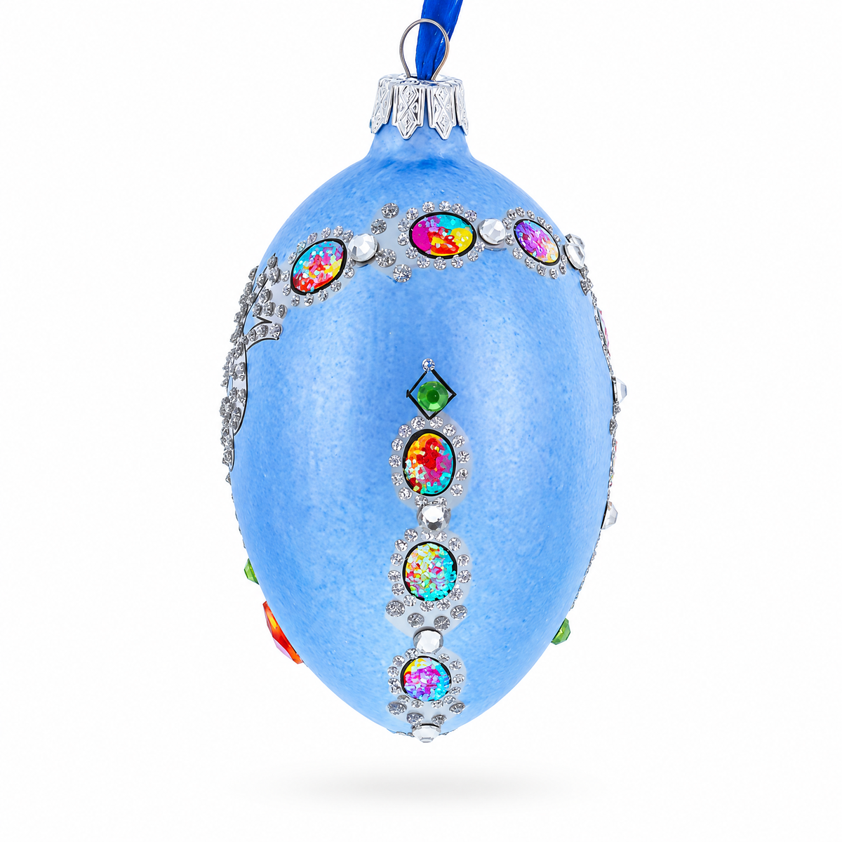 French Designer Jeweled Conquests Necklace Glass Egg Christmas Ornament 4 Inches