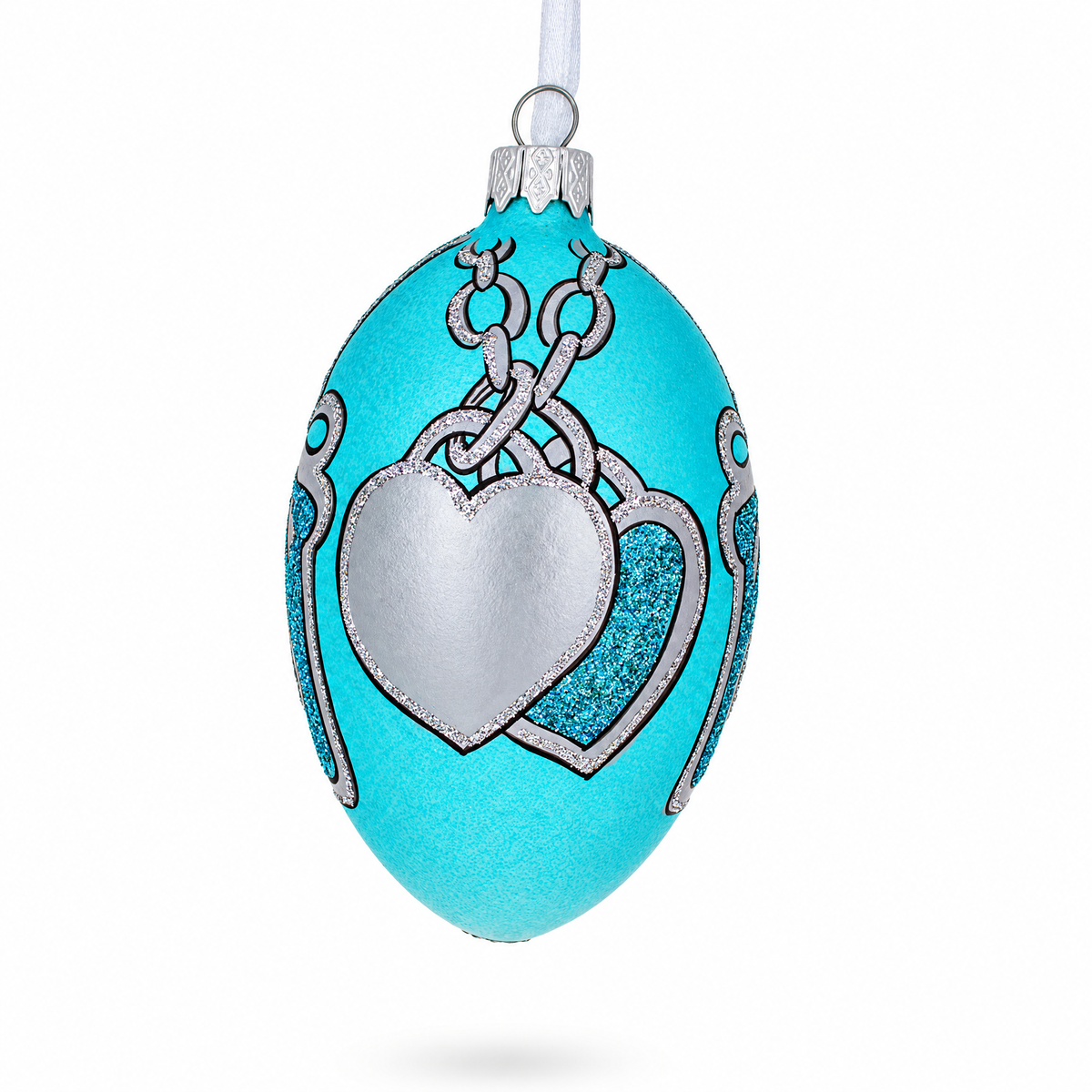 American Art Nouveau Jeweled Double Heart Pendant Glass Egg Christmas Ornament 4 Inches