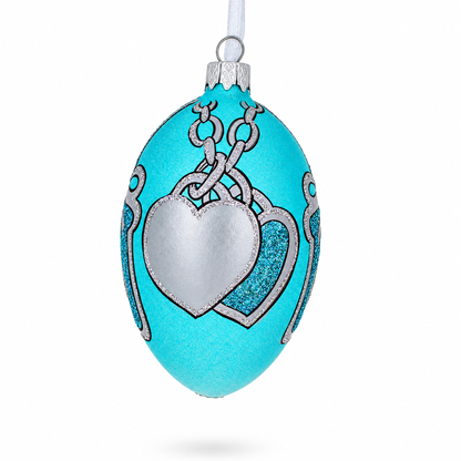 American Art Nouveau Jeweled Double Heart Pendant Glass Egg Christmas Ornament 4 Inches
