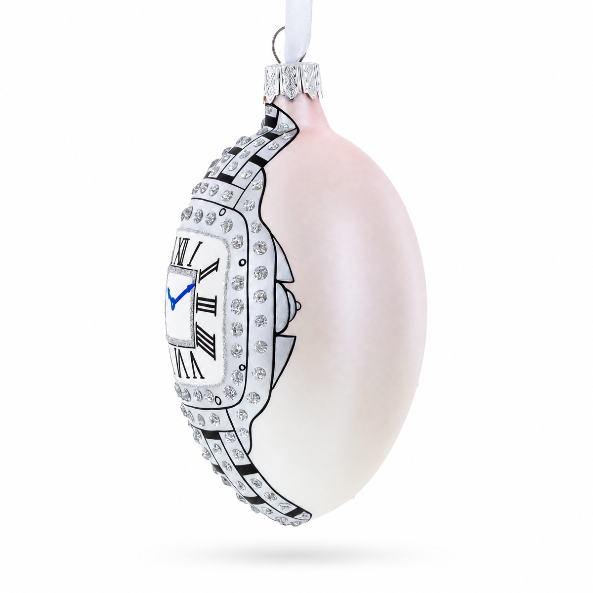 Louis-Francois Designer Jeweled Timepiece Glass Egg Christmas Ornament 4 Inches