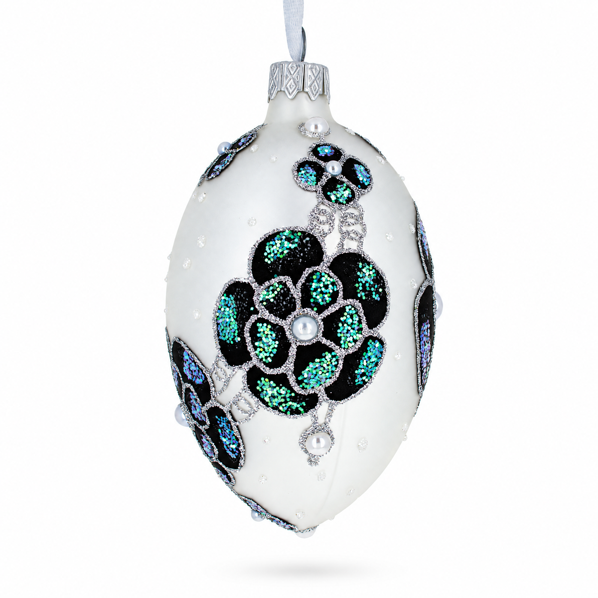 French Couturier Green Jeweled Pendant Necklace Glass Egg Christmas Ornament 4 Inches