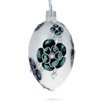 French Couturier Green Jeweled Pendant Necklace Glass Egg Christmas Ornament 4 Inches