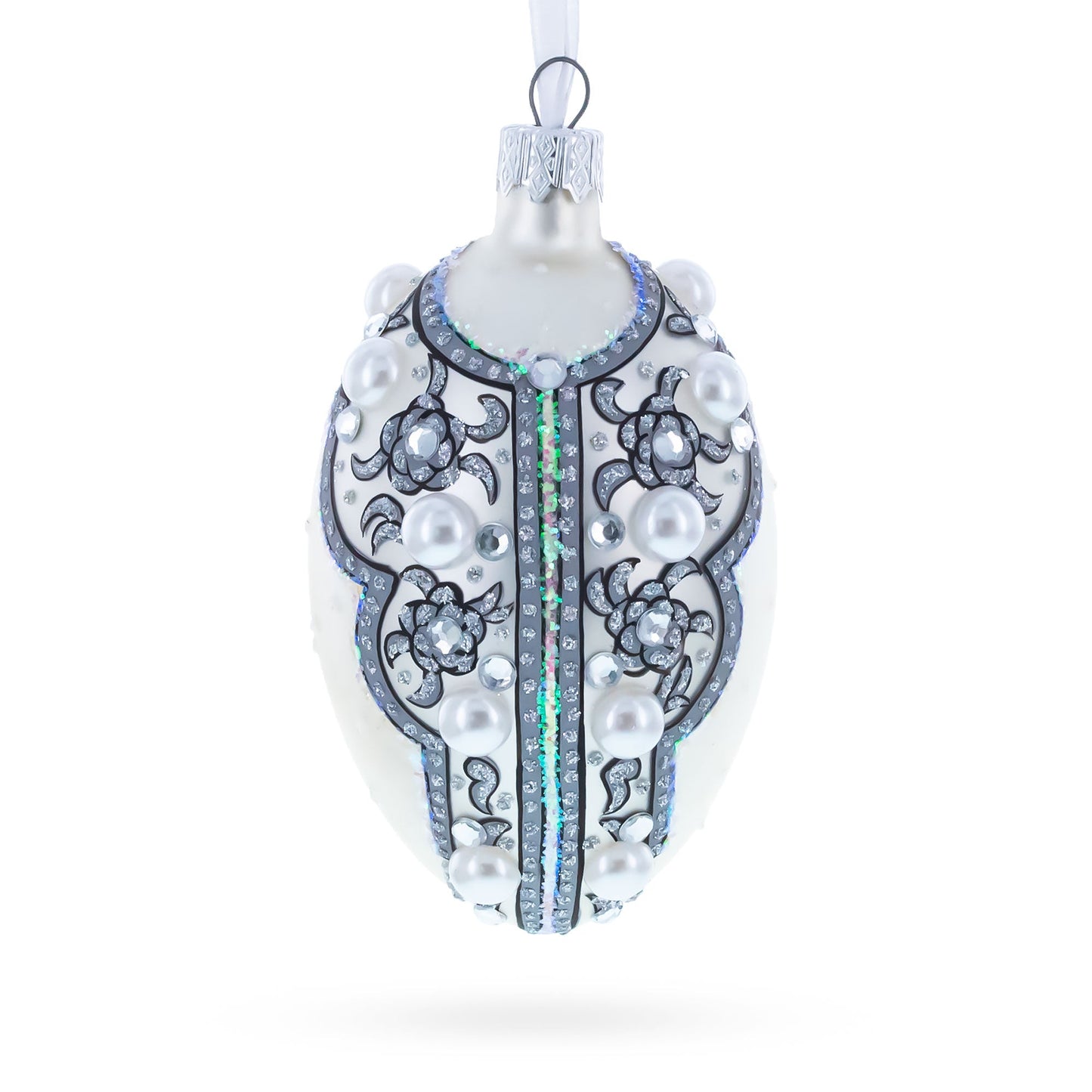 French Couturier Pearls on White Pendant Necklace Glass Egg Christmas Ornament 4 Inches