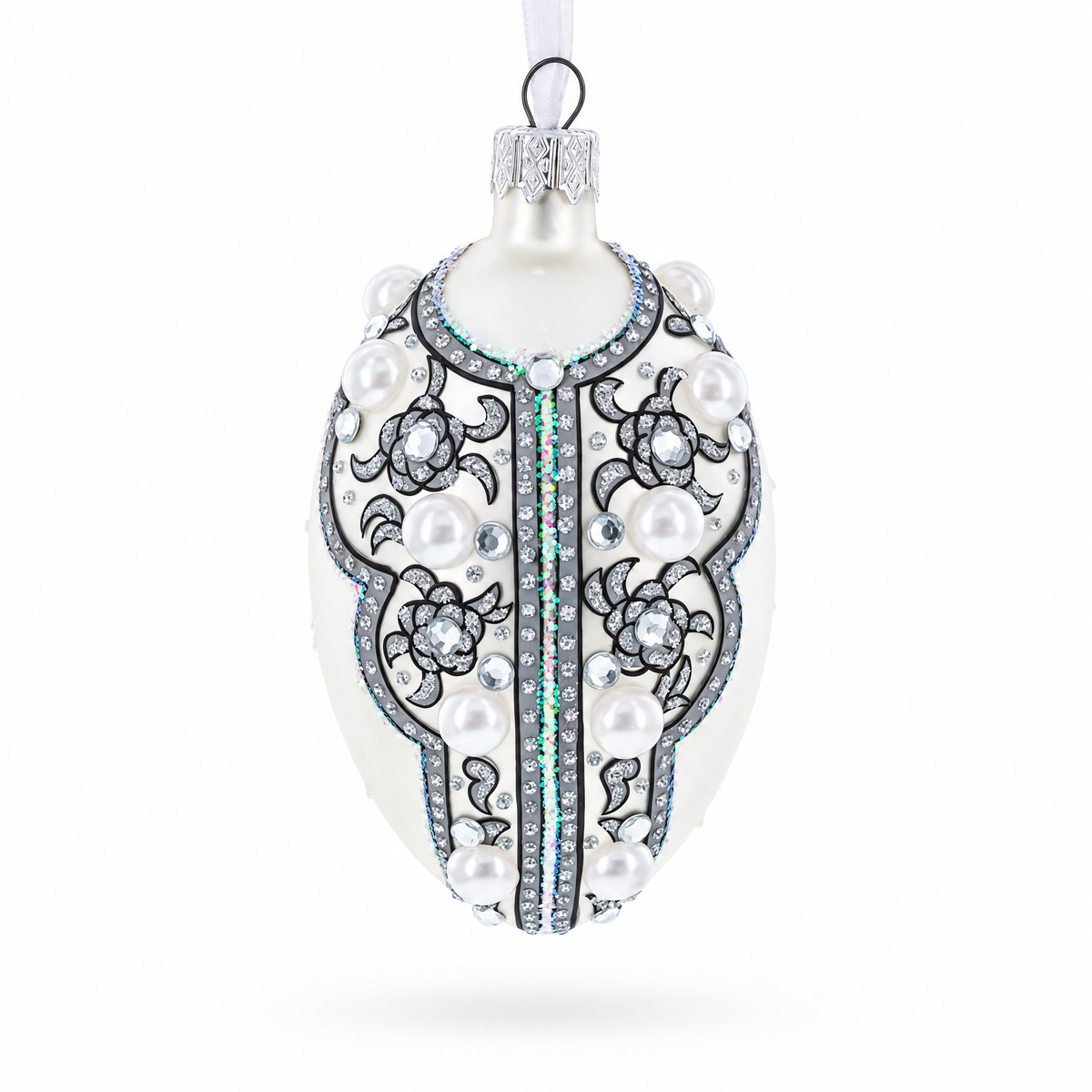 French Couturier Pearls on White Pendant Necklace Glass Egg Christmas Ornament 4 Inches