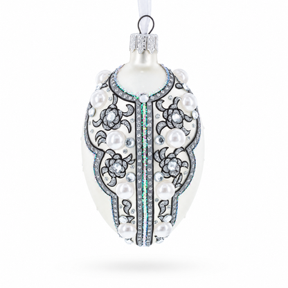 French Couturier Pearls on White Pendant Necklace Glass Egg Christmas Ornament 4 Inches
