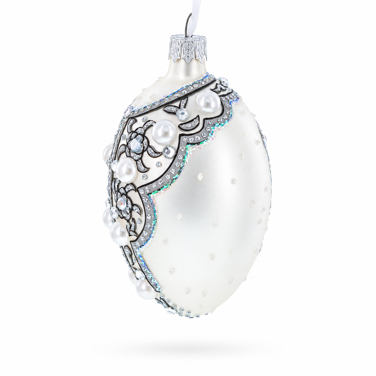 French Couturier Pearls on White Pendant Necklace Glass Egg Christmas Ornament 4 Inches