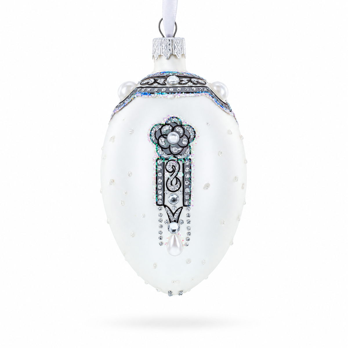 French Couturier Pearls on White Pendant Necklace Glass Egg Christmas Ornament 4 Inches