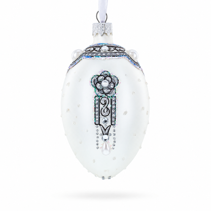 French Couturier Pearls on White Pendant Necklace Glass Egg Christmas Ornament 4 Inches