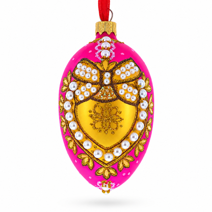 Italian Fashion House Pearl Buckle on Pink Glass Egg Christmas Ornament 4 Inches