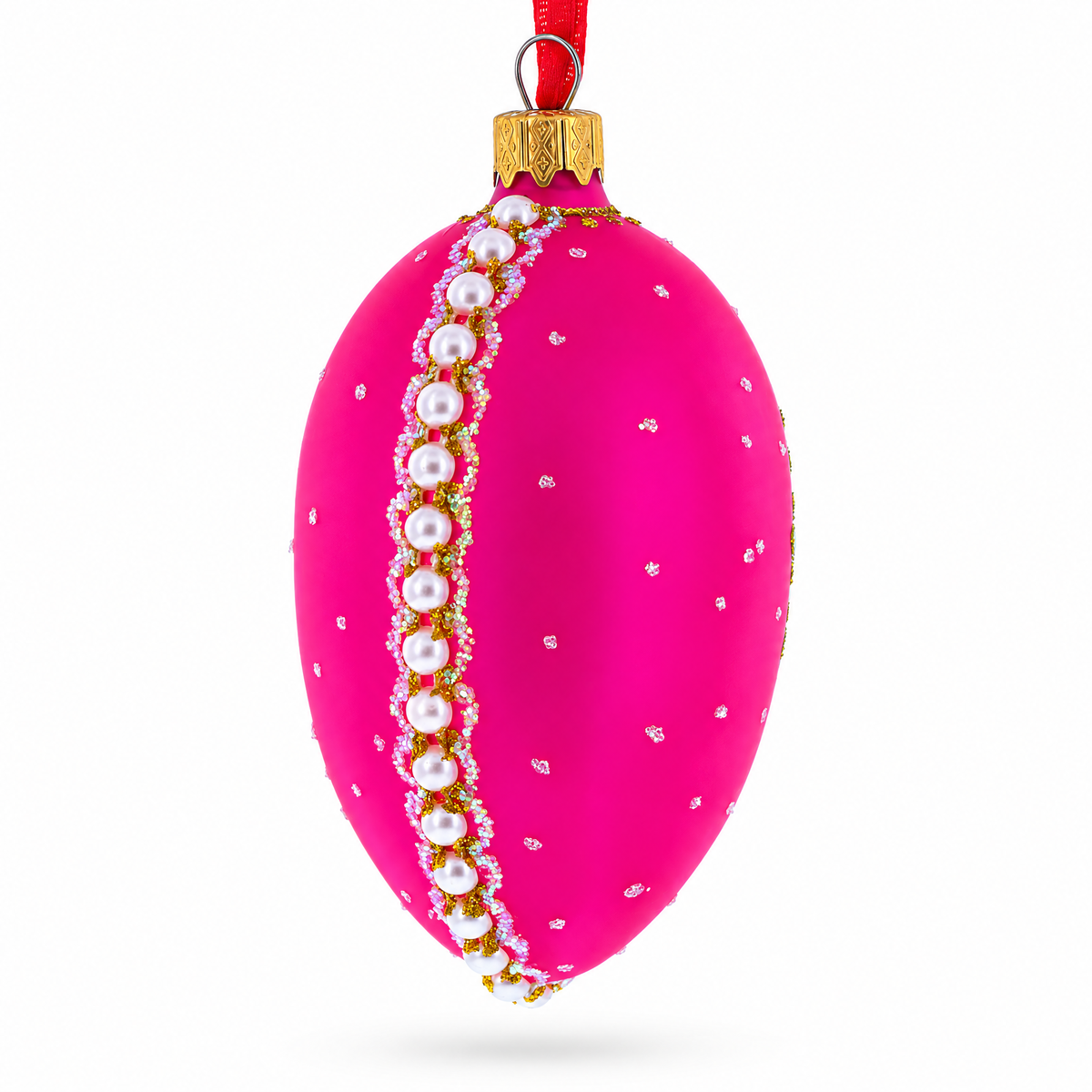 Italian Fashion House Pearl Buckle on Pink Glass Egg Christmas Ornament 4 Inches