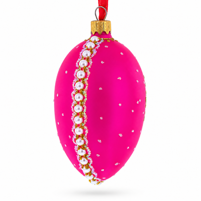 Italian Fashion House Pearl Buckle on Pink Glass Egg Christmas Ornament 4 Inches