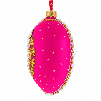 Italian Fashion House Pearl Buckle on Pink Glass Egg Christmas Ornament 4 Inches