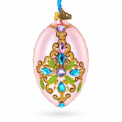 Italian Fashion House Jeweled Cross Glass Egg Christmas Ornament 4 Inches