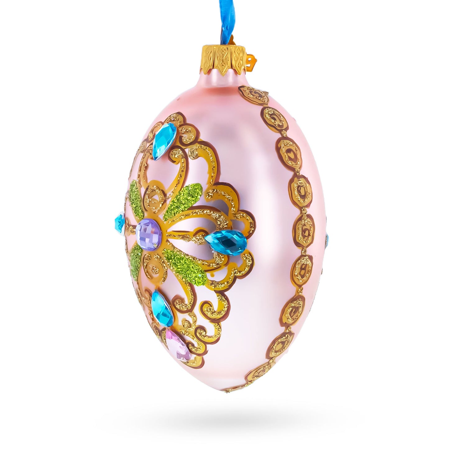 Italian Fashion House Jeweled Cross Glass Egg Christmas Ornament 4 Inches