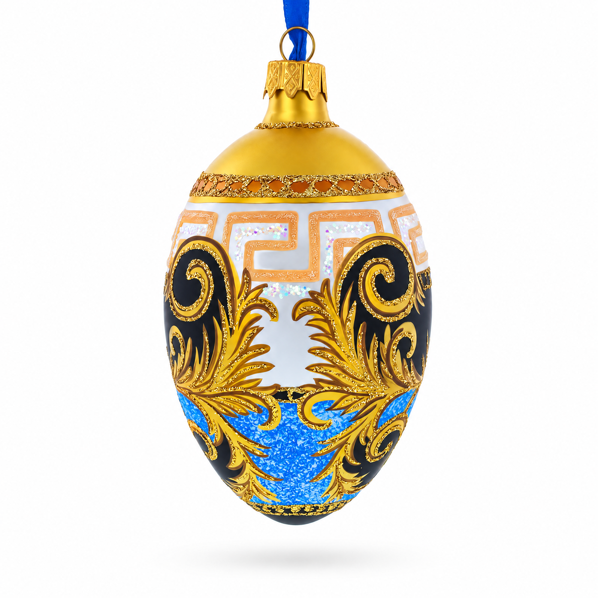 Italian Designer Fine Medallion Glass Egg Christmas Ornament 4 Inches