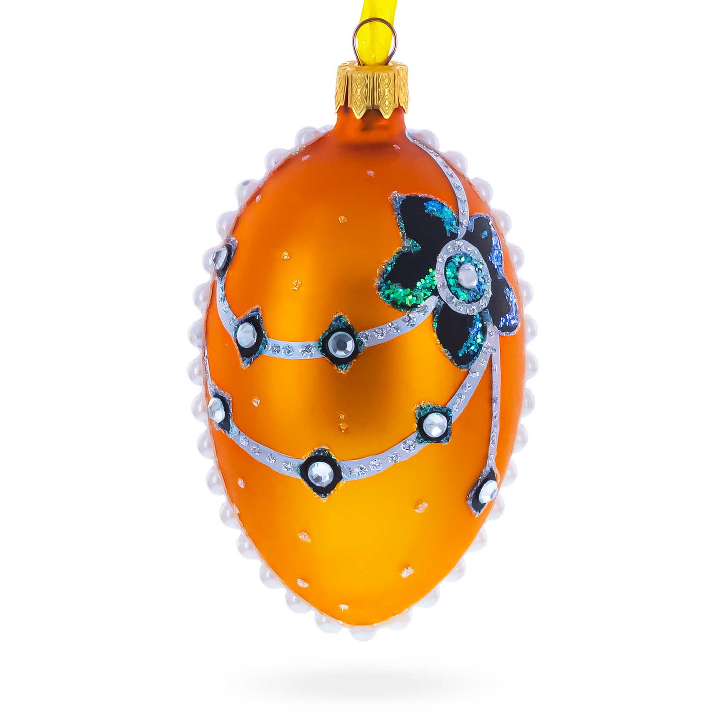 Italian Couturier Fine Jeweled Flower Necklace Glass Egg Christmas Ornament 4 Inches