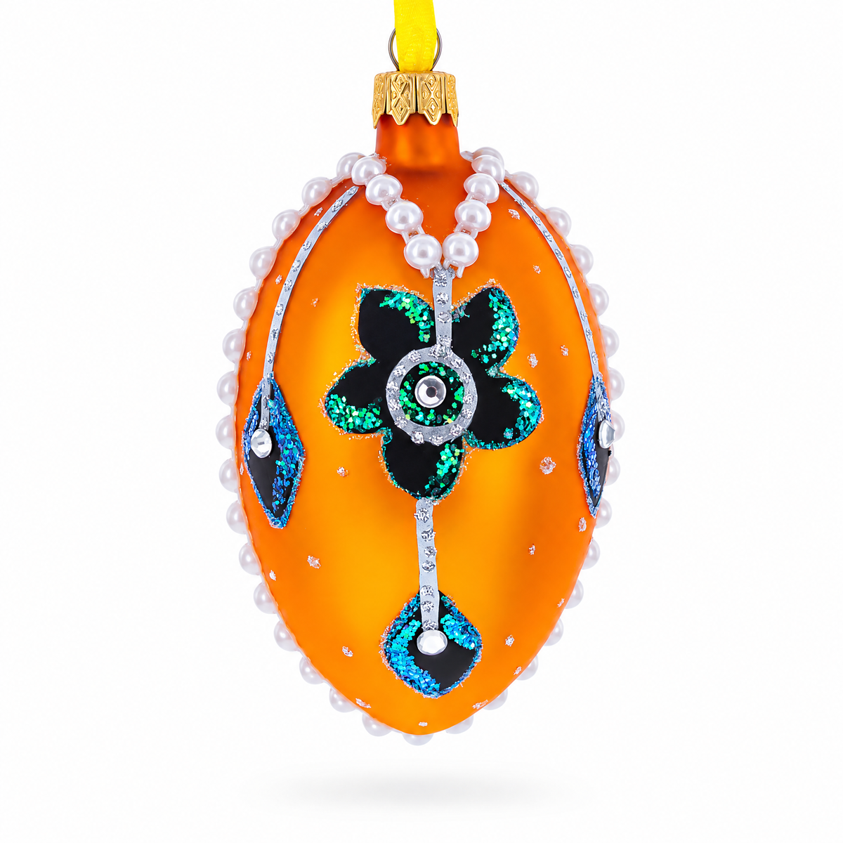 Italian Couturier Fine Jeweled Flower Necklace Glass Egg Christmas Ornament 4 Inches