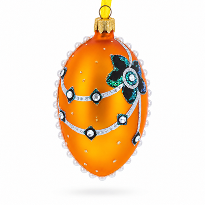 Italian Couturier Fine Jeweled Flower Necklace Glass Egg Christmas Ornament 4 Inches