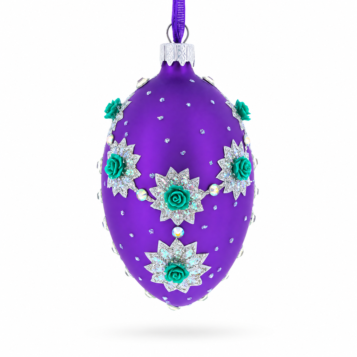 Milan Designer Intricate Jeweled Flower Necklace Glass Egg Christmas Ornament 4 Inches