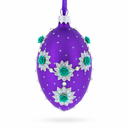 Milan Designer Intricate Jeweled Flower Necklace Glass Egg Christmas Ornament 4 Inches