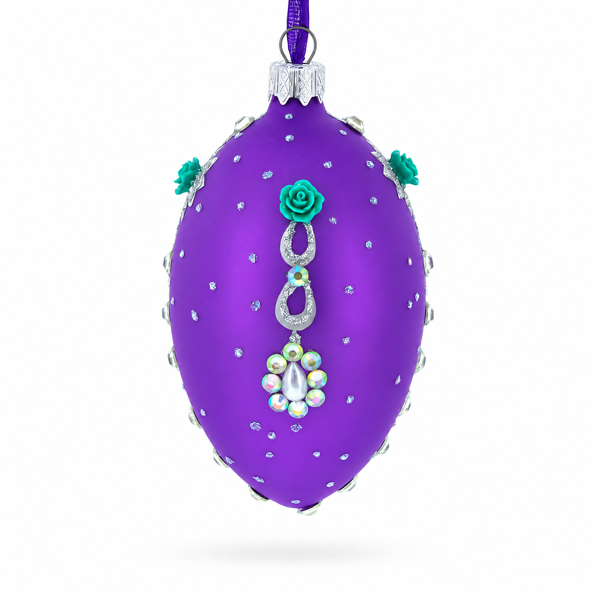 Milan Designer Intricate Jeweled Flower Necklace Glass Egg Christmas Ornament 4 Inches