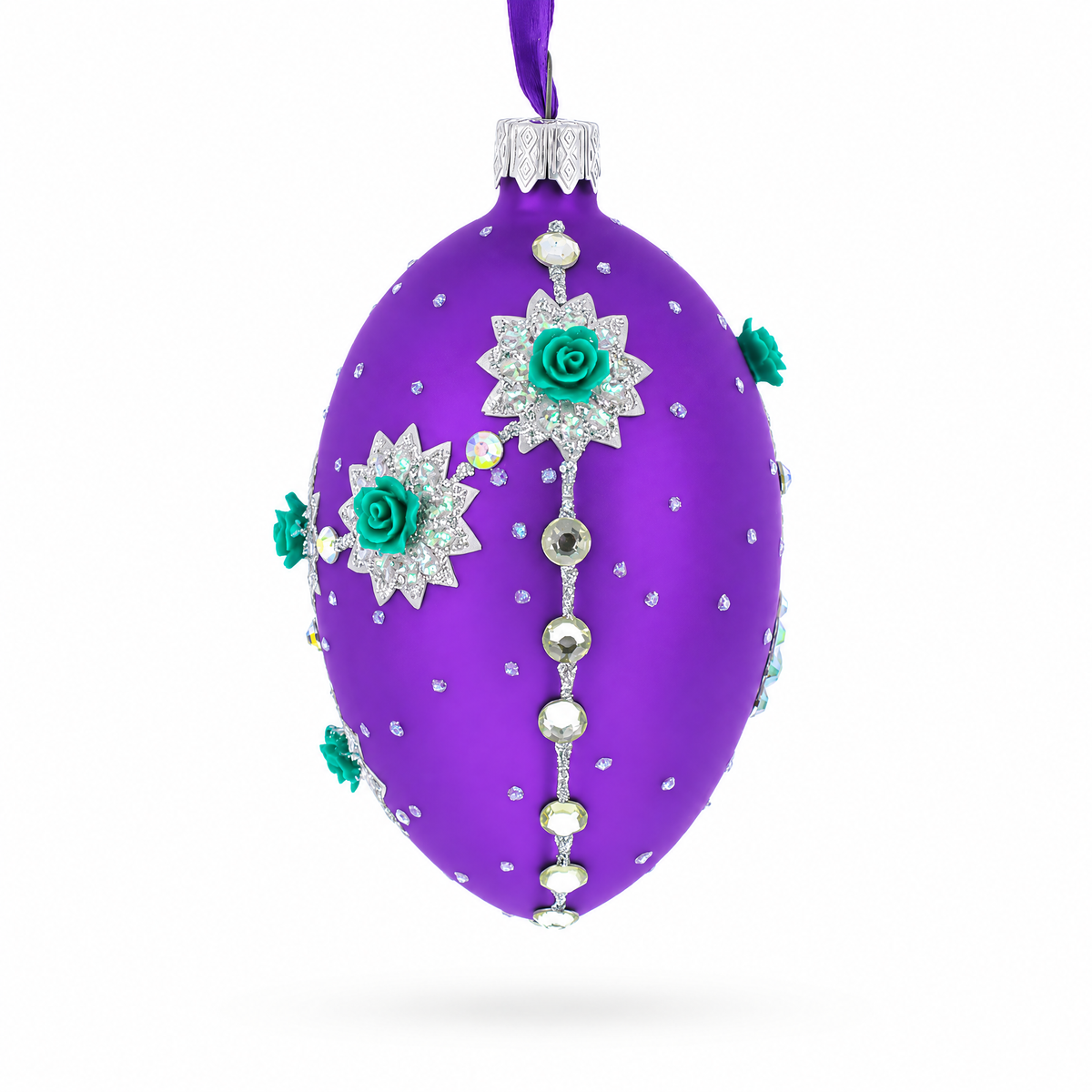 Milan Designer Intricate Jeweled Flower Necklace Glass Egg Christmas Ornament 4 Inches
