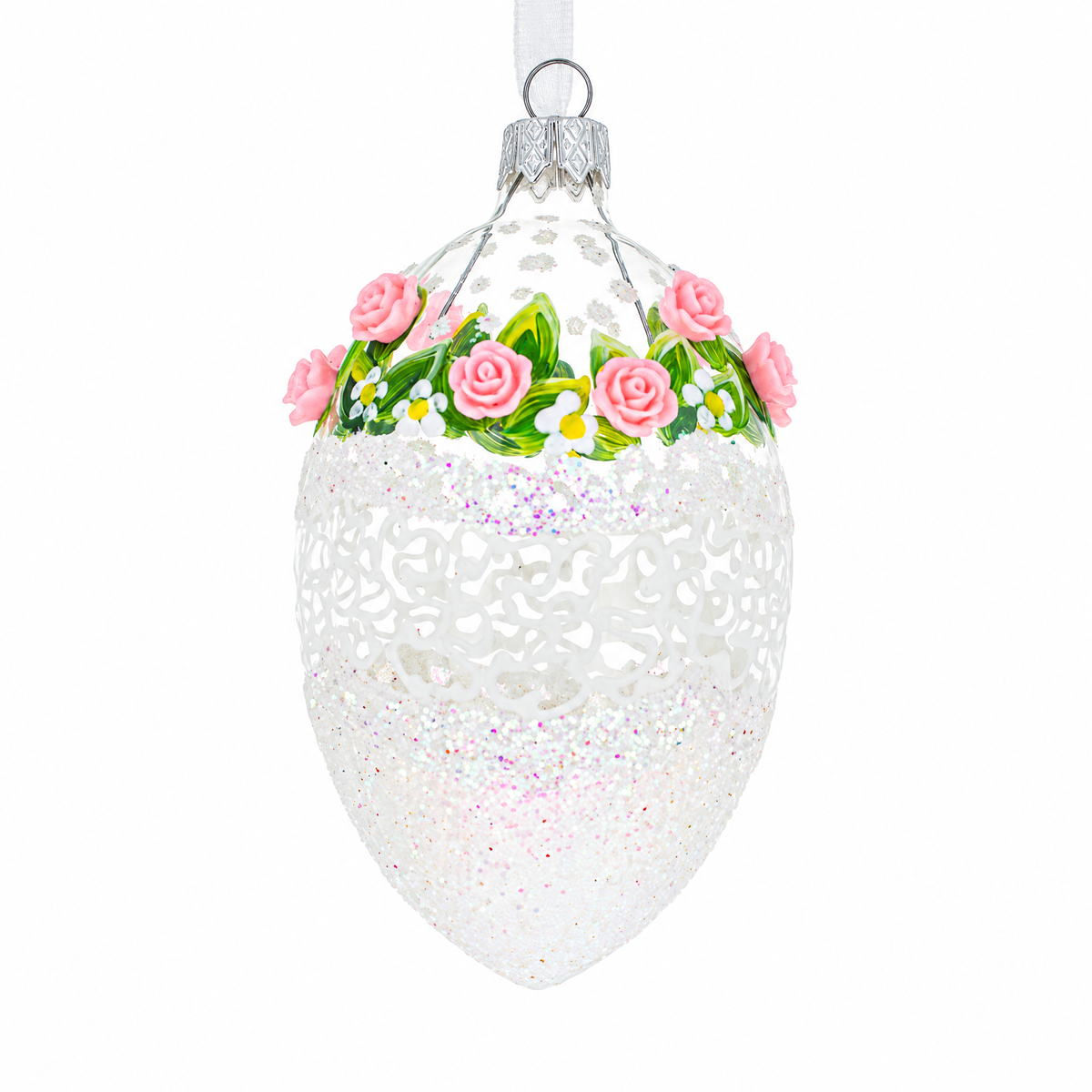 Jeweled Pink Roses Glass Egg Christmas Ornament 4 Inches