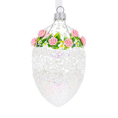 Jeweled Pink Roses Glass Egg Christmas Ornament 4 Inches