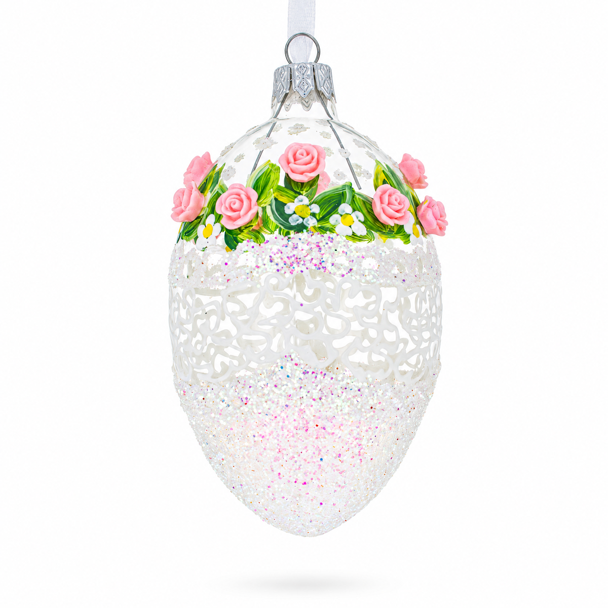 Jeweled Pink Roses Glass Egg Christmas Ornament 4 Inches