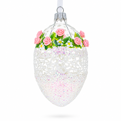Jeweled Pink Roses Glass Egg Christmas Ornament 4 Inches