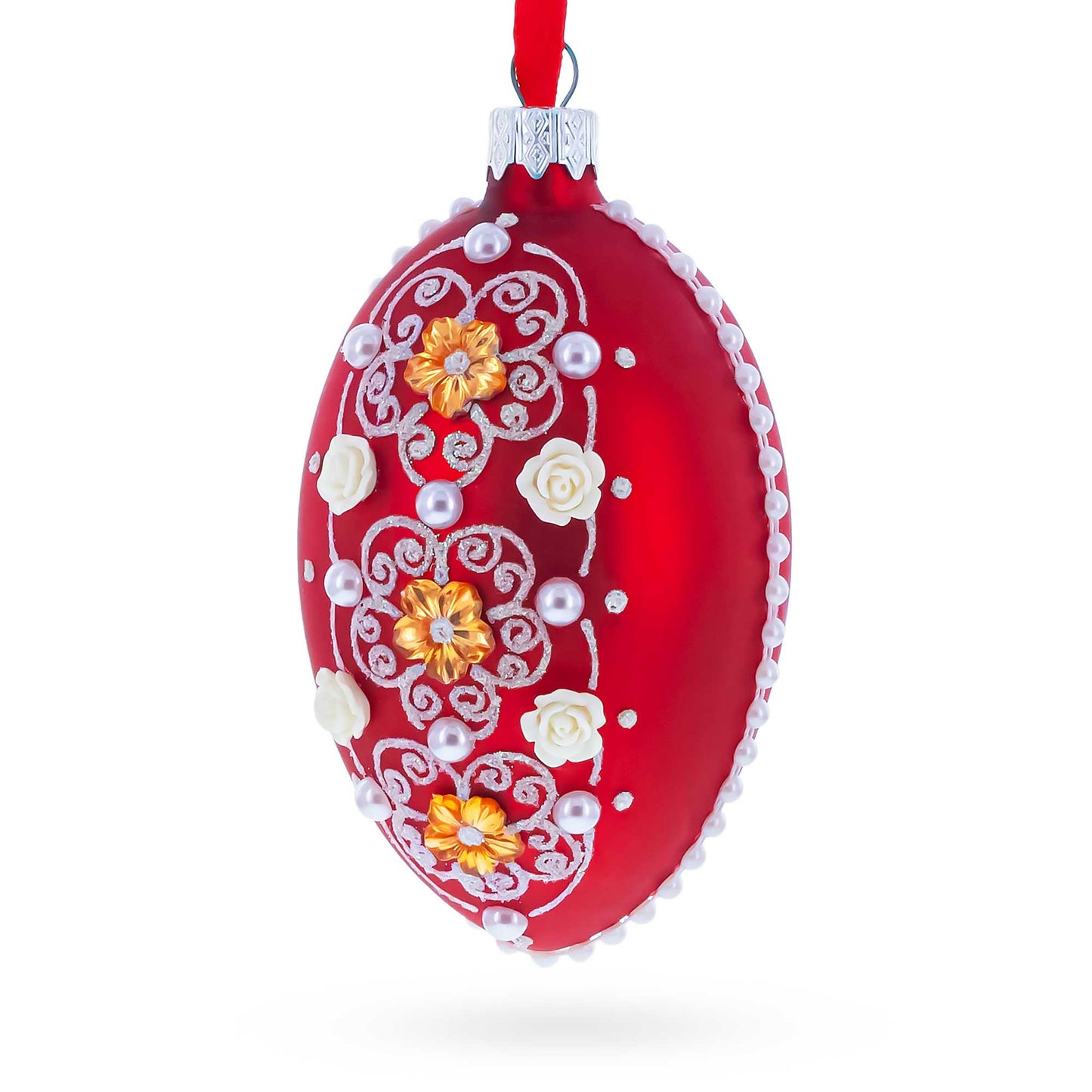 Jeweled Flowers on Red Glass Egg Christmas Ornament 4 Inches