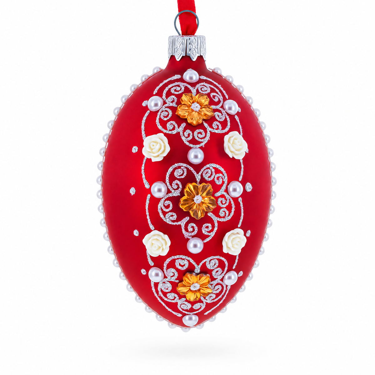 Jeweled Flowers on Red Glass Egg Christmas Ornament 4 Inches