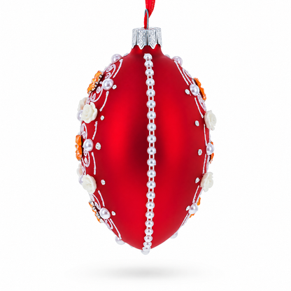 Jeweled Flowers on Red Glass Egg Christmas Ornament 4 Inches