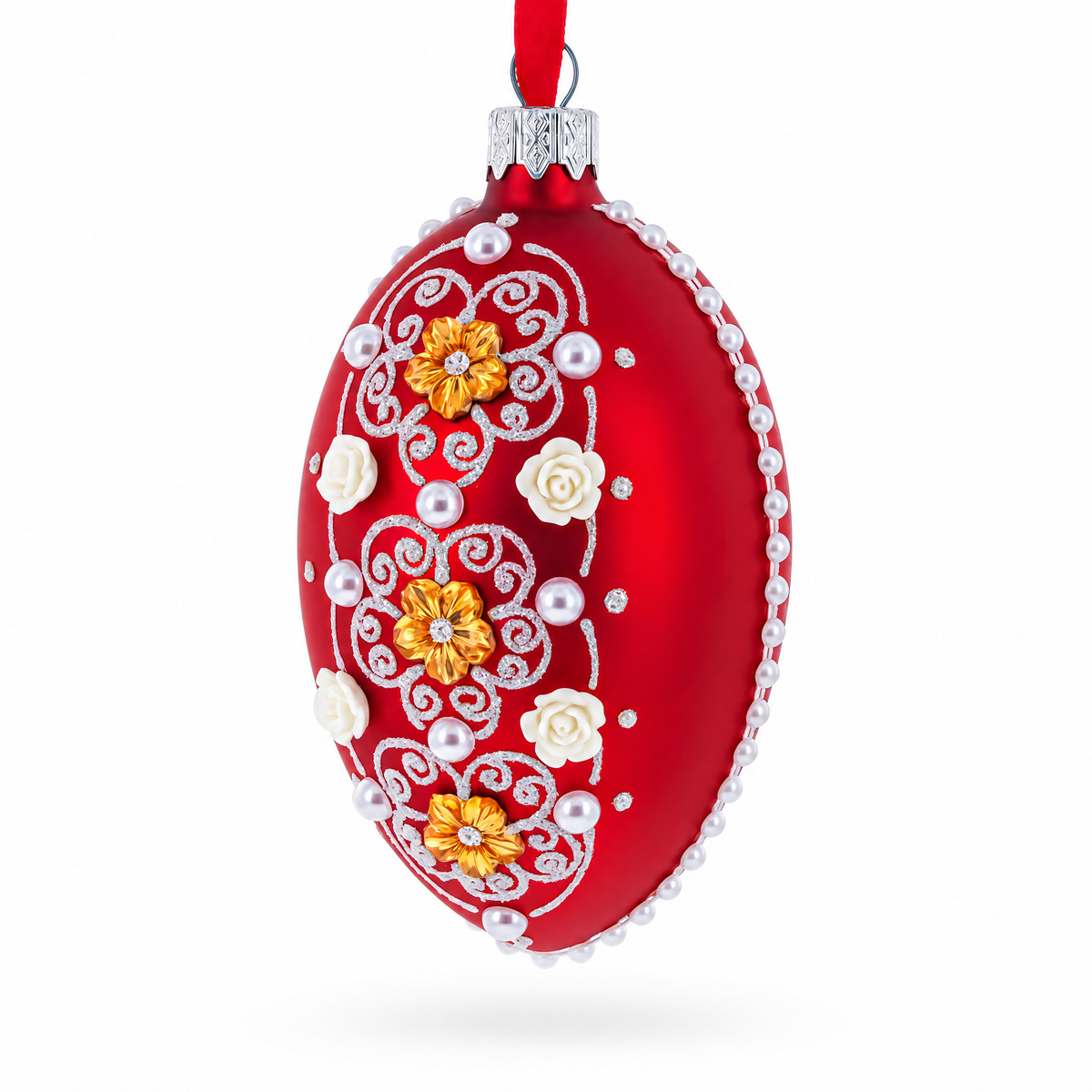 Jeweled Flowers on Red Glass Egg Christmas Ornament 4 Inches