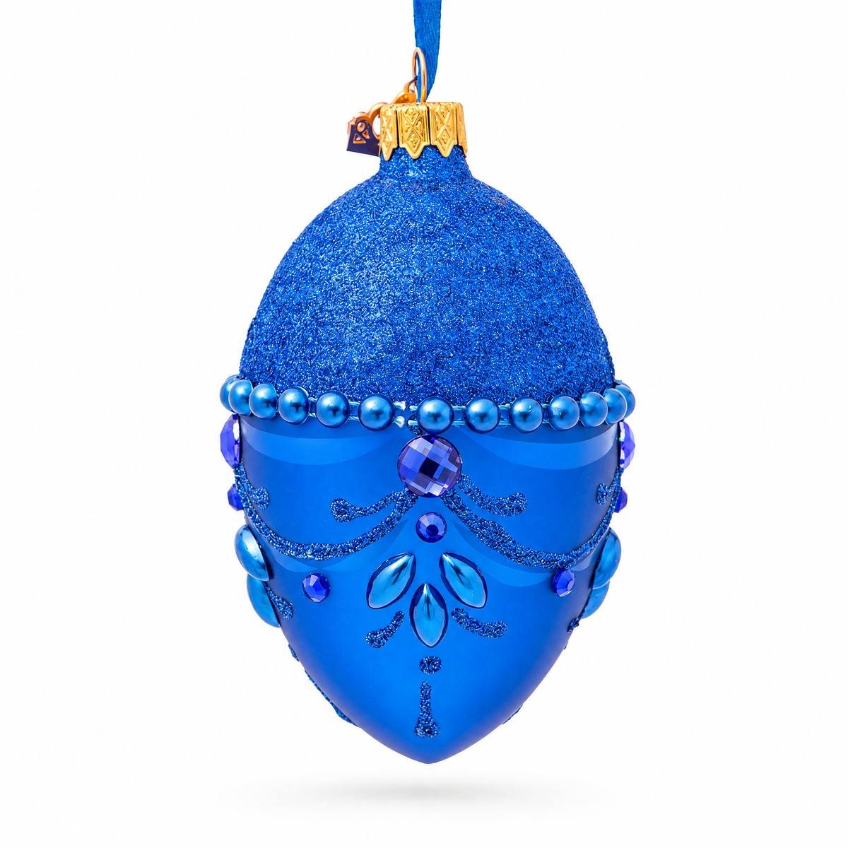 Bejeweled Chandelier on Blue Glass Egg Christmas Ornament 4 Inches