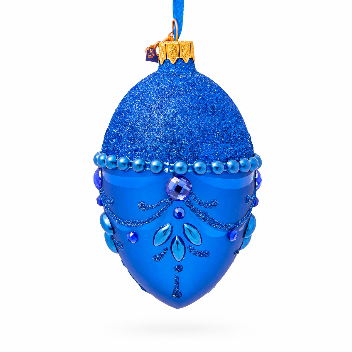 Bejeweled Chandelier on Blue Glass Egg Christmas Ornament 4 Inches