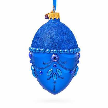 Bejeweled Chandelier on Blue Glass Egg Christmas Ornament 4 Inches