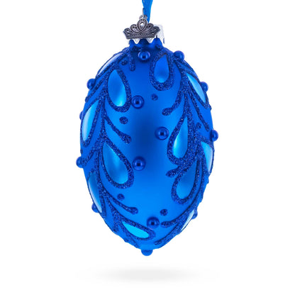 Bejeweled Scroll on Blue Glass Egg Christmas Ornament 4 Inches